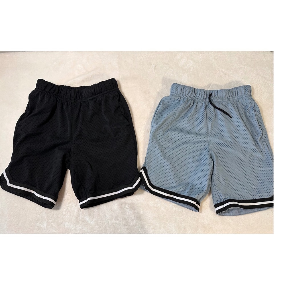 Kids Mesh Basketball Shorts Bundle Black Blue Athletic Gym Striped Trim 2 Pack